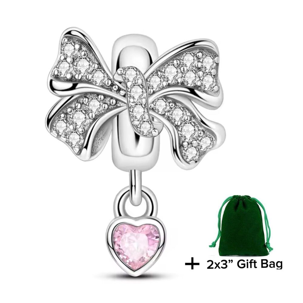 Bow Pink Crystal Heart Dangle Charm | 925 Silver | Brand New